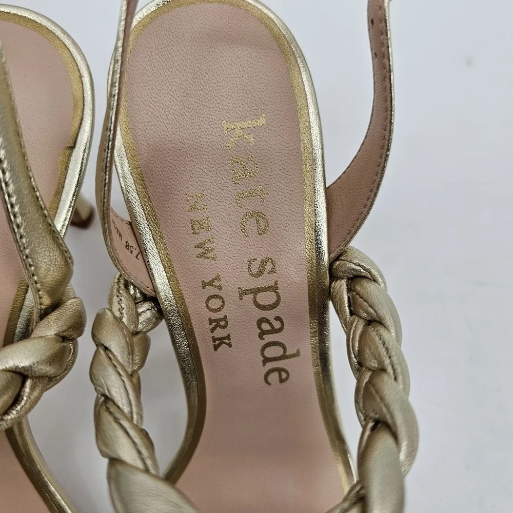 Kate Spade Saffron Heels Sandals Metallic Gold Braided in Pale Gold 7.5 NEW